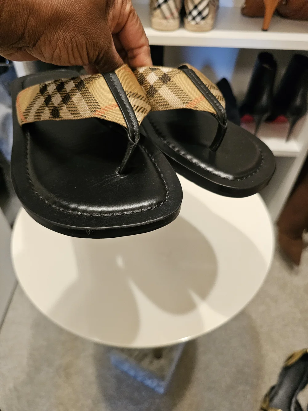 Burberry Black & Tan Plaid Thong Sandals